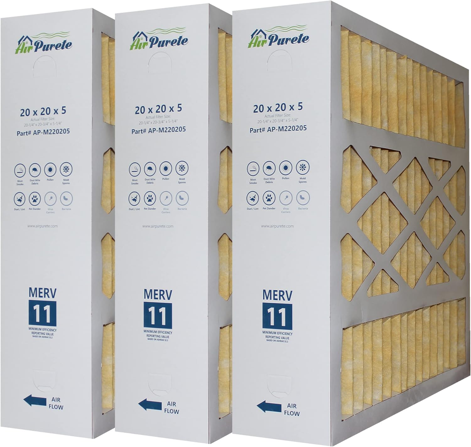Furnace Filters 20x20x5 AP-M220205 | Replacement for M2-1056 | Actual size : 20-1/4 x 20-3/4 x 5-1/4 | Genuine MERV 11 | Pack of 3