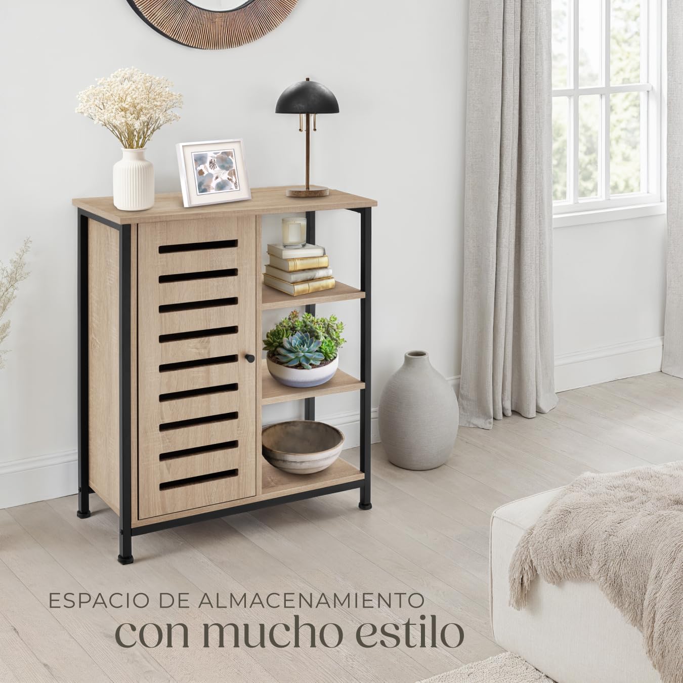 tectake® Aparador Estilo Industrial con Armario Dormitorio, Mueble Baño, Estanterias Almacenaje, Estanteria Baño - 71 x 32 x 82 cm Puerta a la Izquierda Madera Industrial Clara, Roble Sonoma