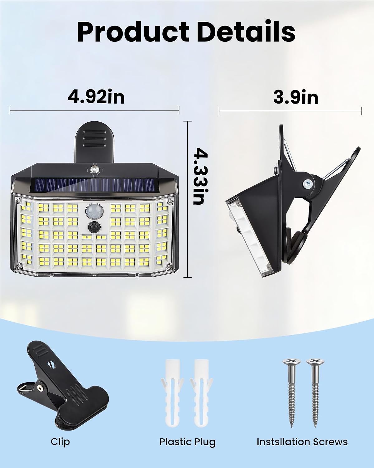 LUHLEE 176LED Clip on Solar Lights Outdoor, 800LM Solar Motion Lights Outdoor with 180° Wide Angle, IP65 Waterproof Portable Solar Fence Lights Outdoor for Fence, Gutter, Garden, Camping, Patio 1Pack