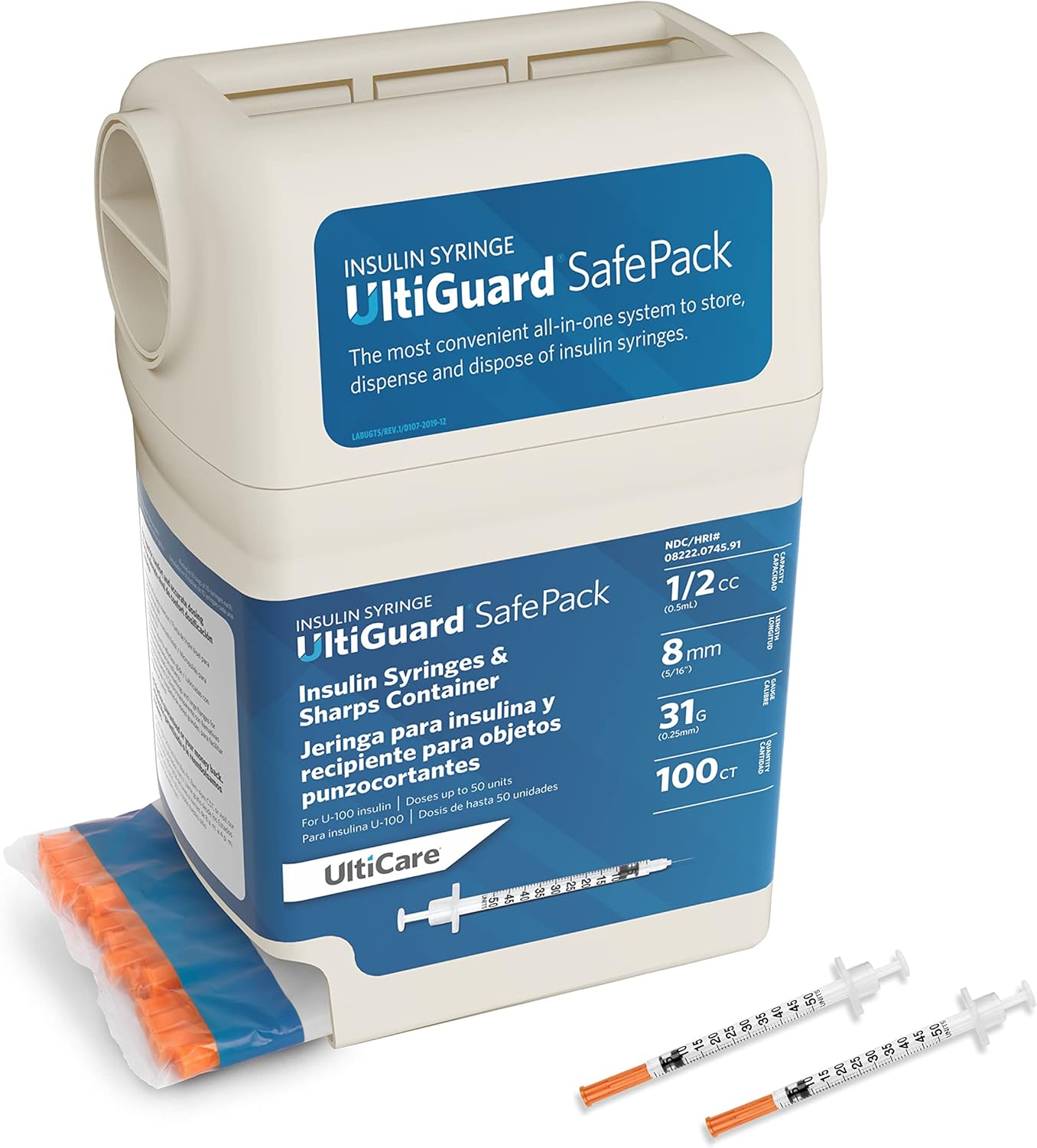 UltiGuard Safe Pack All-In-One U-100 Insulin Syringes and Sharps Container, 1/2cc, 31G x 5/16’’ (8mm), 100 Count, for At-Home Insulin Injections and Safe Needle Disposal