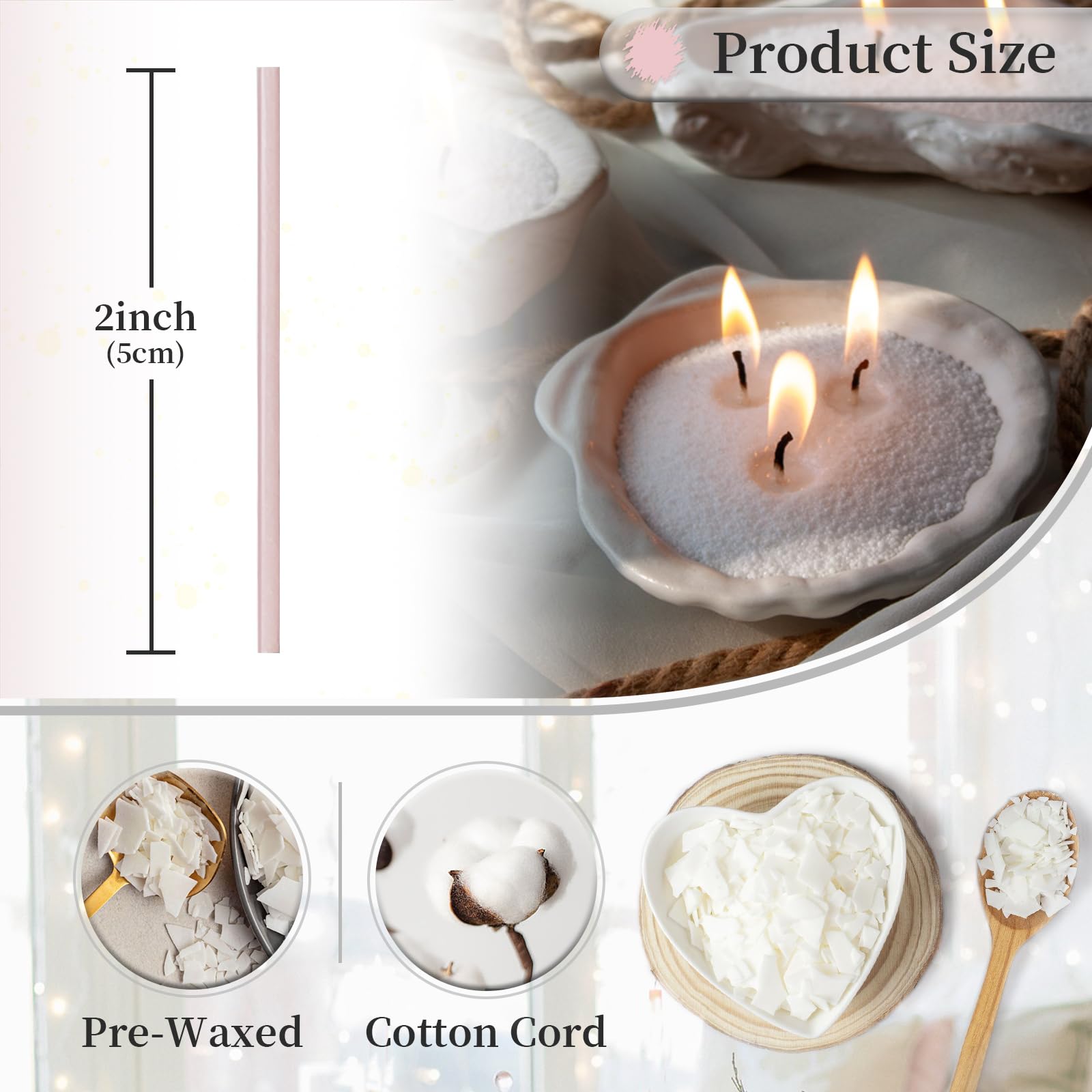 Pearled Candle Wick 2.2 Inch Pink Cotton Wicks 50-Pack - Premium Metal-Free & Lead-Free Candle Wicks for Candle Making