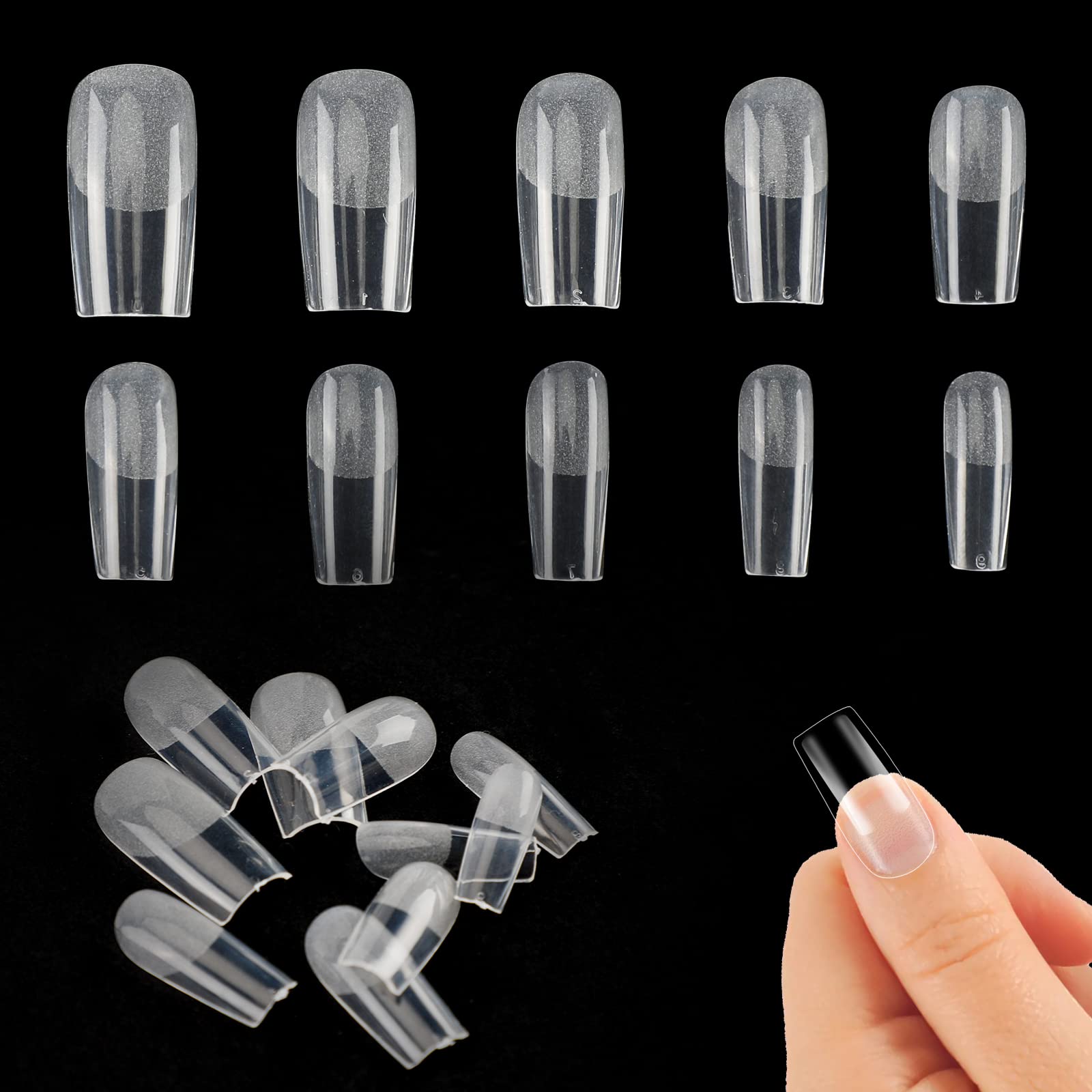 Photo 1 of 500 Pcs Acrylic Medium Square Fake Nails Press on Nails Full Kit for Beginners 10 Sizes Full Cover Half Frosted False Nail Tips for DIY Nail Tips for Nails Professional to Nail Extension