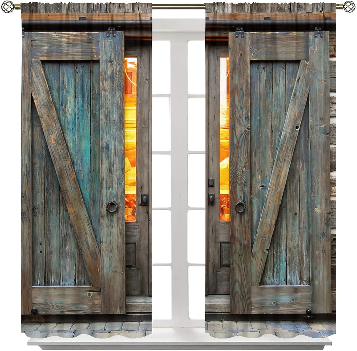 Farmhouse Barn Door Curtains,Rustic Countryside Blue Brown Wooden Barn Door Print Window Drapes for Kids Boys Bedroom Living Room Kitchen Decoration Energy Efficient Room Darkening 42x45in