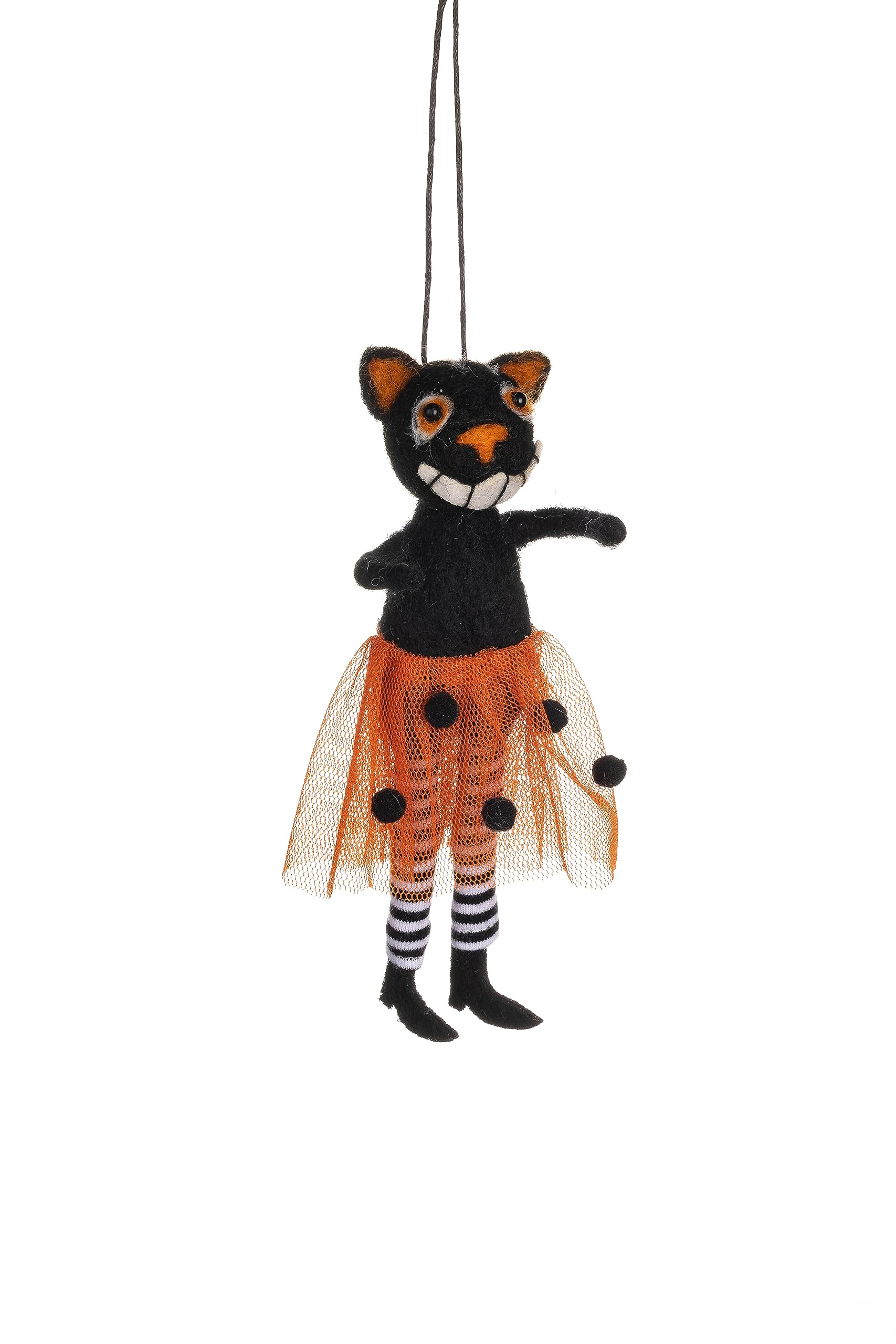 Halloween Decoration Shoeless Joe Felt Smiling Cat in Tutu with Rustic Twine