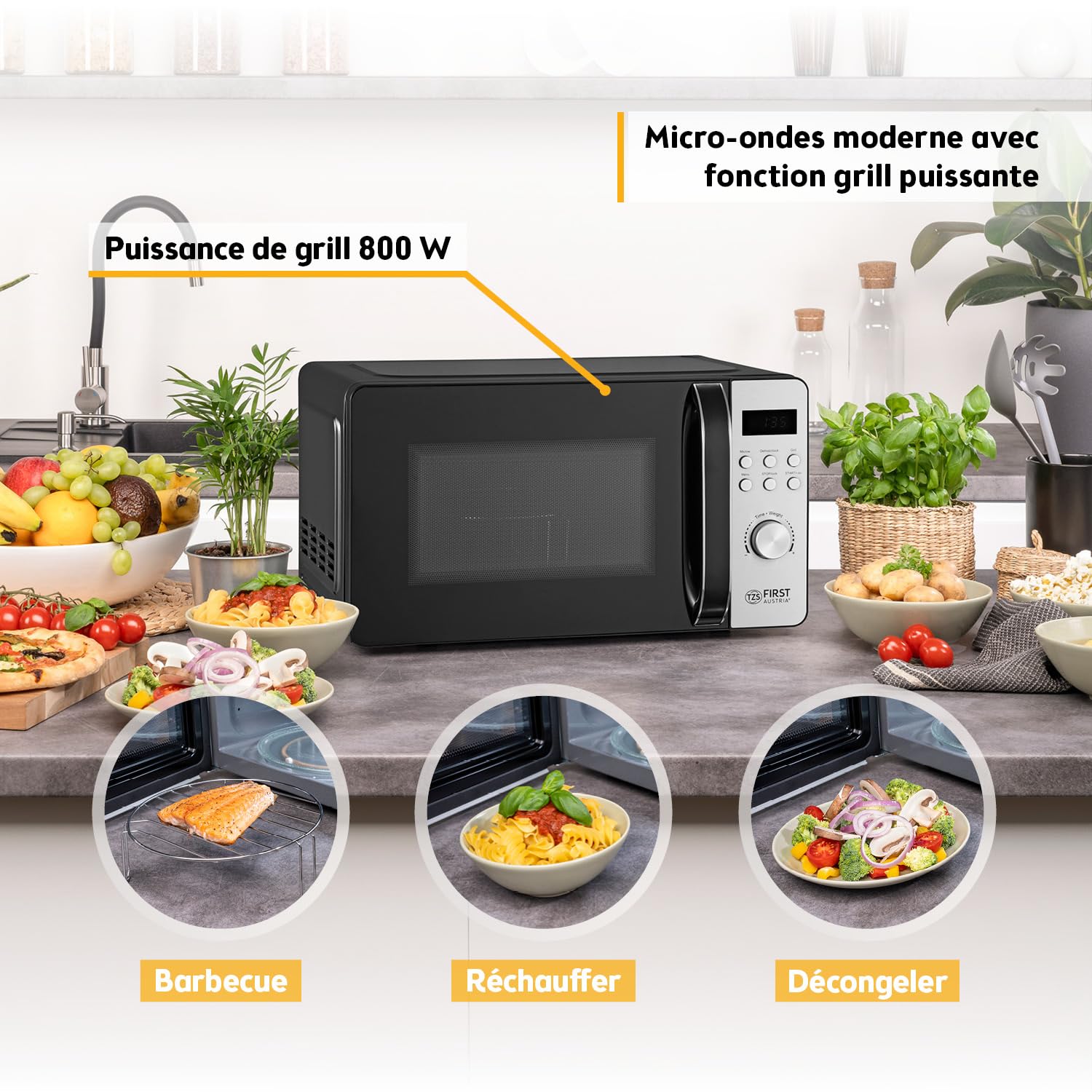 TZS First Austria micro-ondes digital avec grill, 20L, 700W micro-ondes, 800W grill, 8 programmes automatiques, démarrage rapide, écran LED, compact, antidérapant, inox, décongélation, gratinage