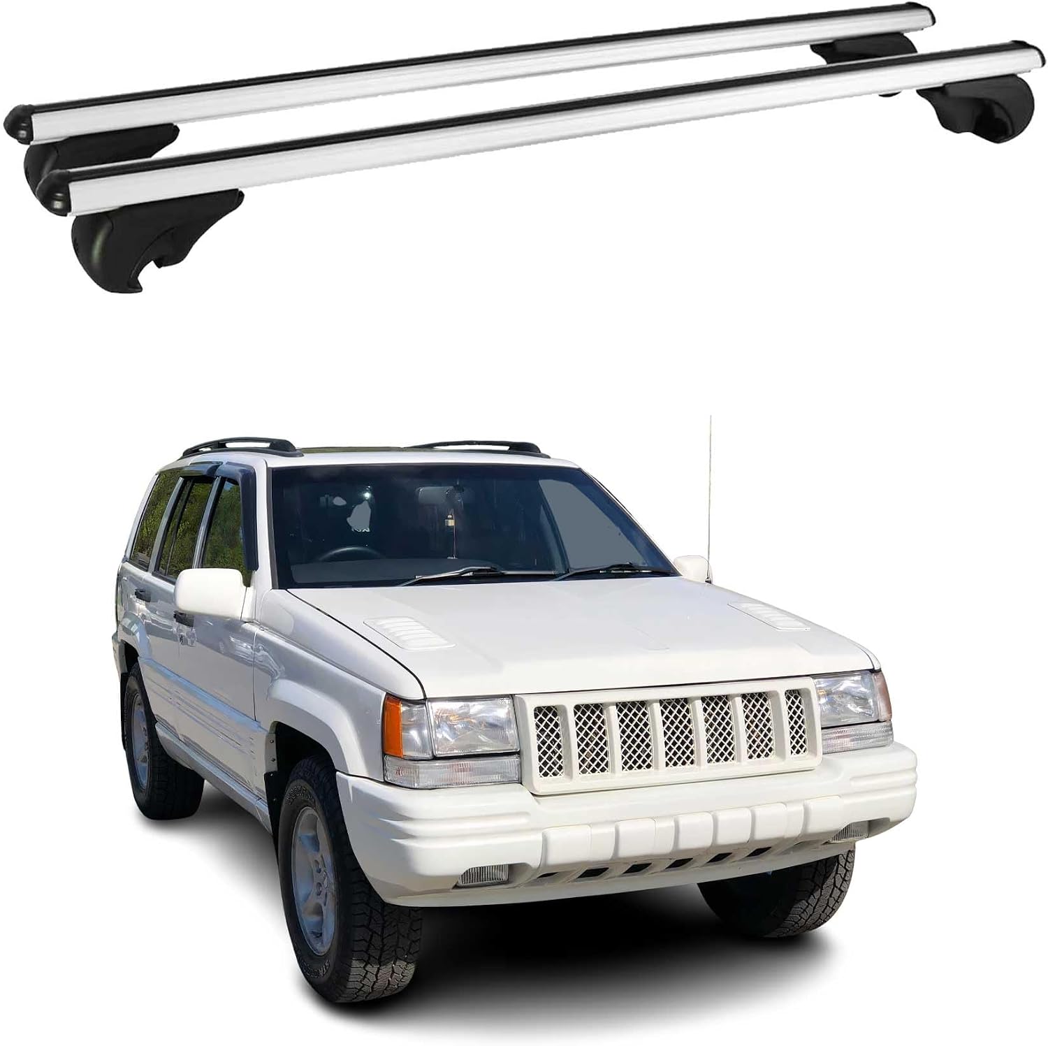 OMAC Roof Rack Cross Bars for Jeep Grand Cherokee 1993-1998 Lockable 165Lbs Aluminium Silver 2Pcs fits Cargo Carriers Kayak Canoe Bike Snowboard