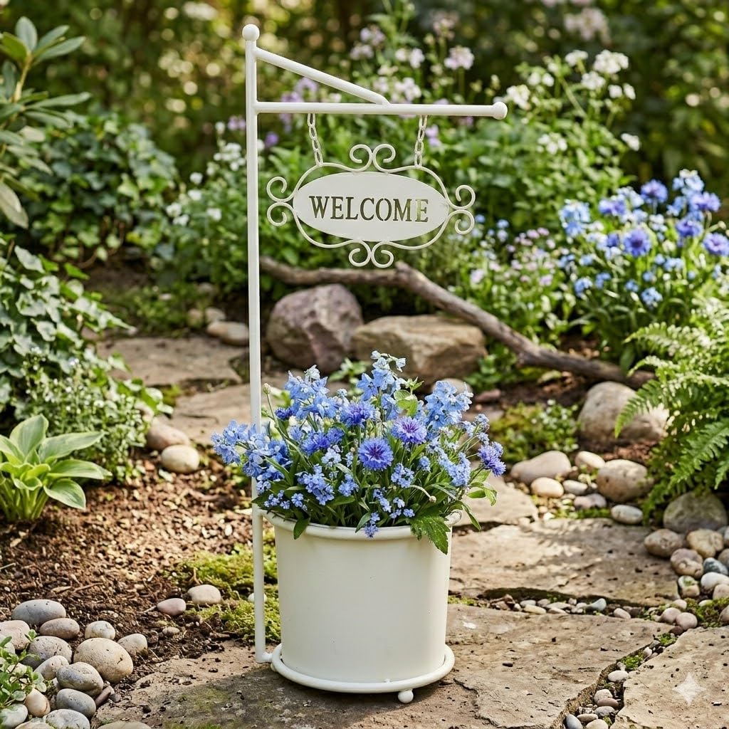 Bloomingtons Direct White Welcome Board Garden Planter Indoor Outdoor Flower Pots, Garden Pots Planters For Your Garden Modern Design Freestanding Planter Bucket With Welcome Sign