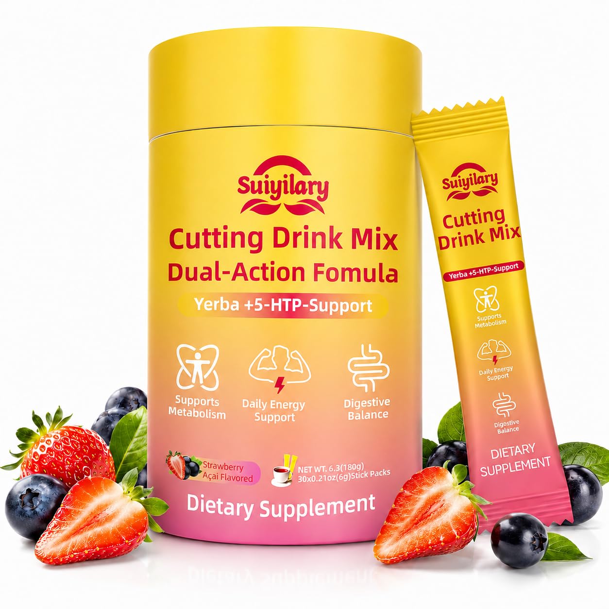 Cutting Drink Mix Powder, Berberine Yerba Mate Strawberry Açaí 30 Packets 6.3 Ounce (Pack of 1)