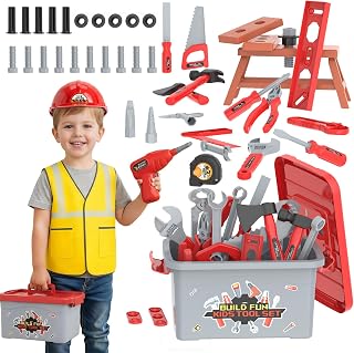 Fursnob 58-Piece Kids Tool Set with Realistic Power Drill, Toolbox & Stickers - STEM Construction Toys for Boys Ages 3-8