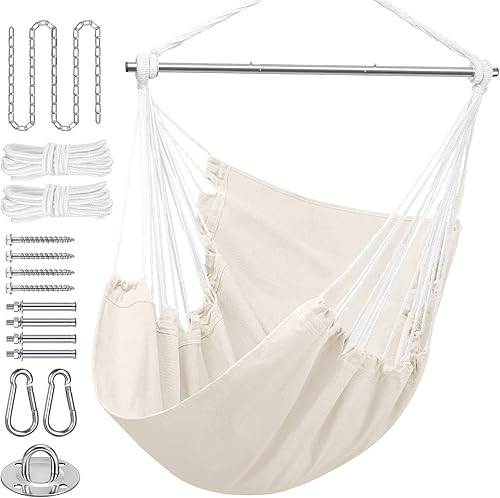 Gocvo Silla hamaca colgante de cuerda  Silla colgante para dormitorio, patio, interior, exterior, hamaca columpio de acero resistente con anillos