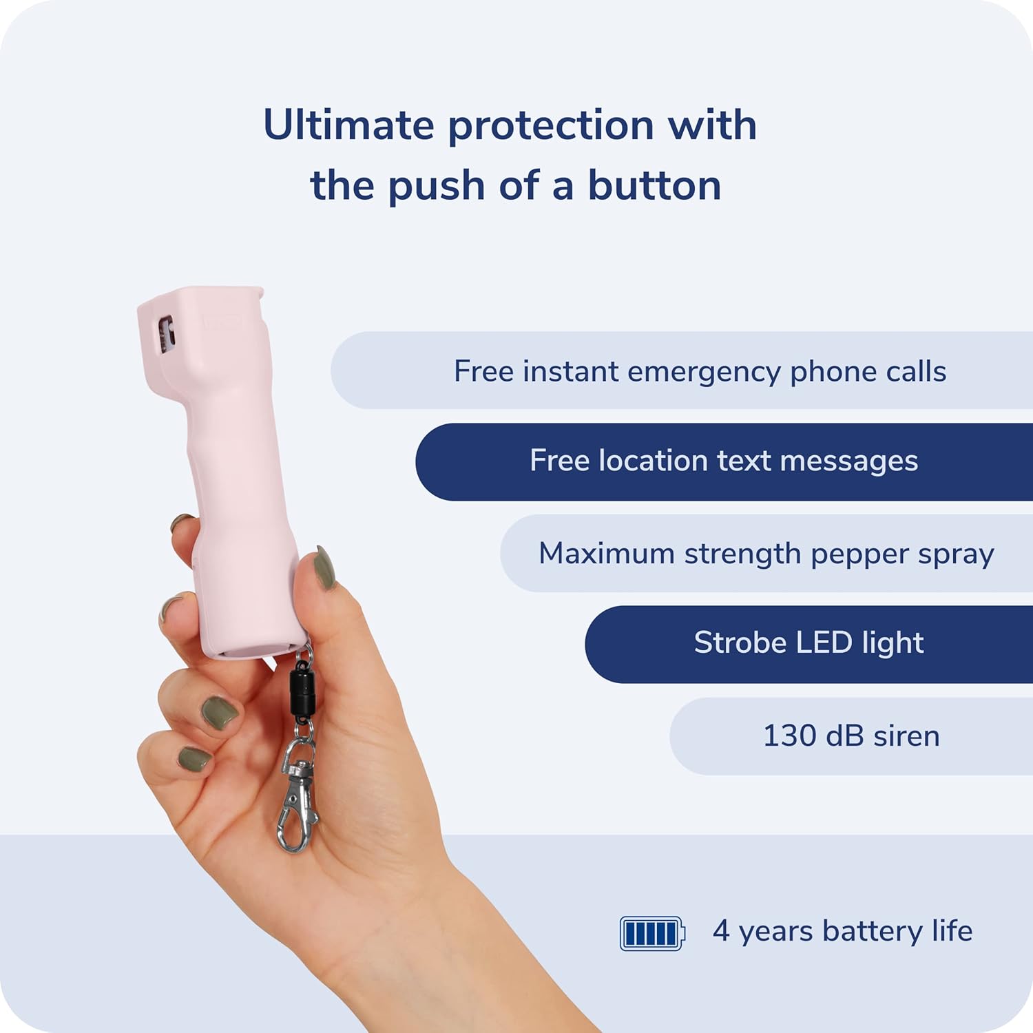 Pink Plegium Smart Pepper Spray highlighting its key features: emergency calls, location texts, maximum strength spray, strobe LED, 130 dB siren, and 4-year battery life.