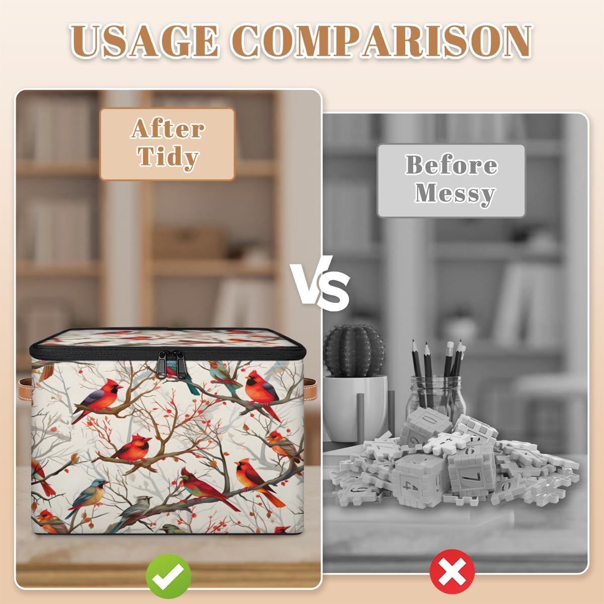 Storage Bin Set of 2 Cute Birds Tree Storage Basket with Zipper Lid & Handle Foldable Closet Shelf 2 Pack Cloth Organizer Basket Cube Bins Clothes Organizer for Bedroom, Nursery