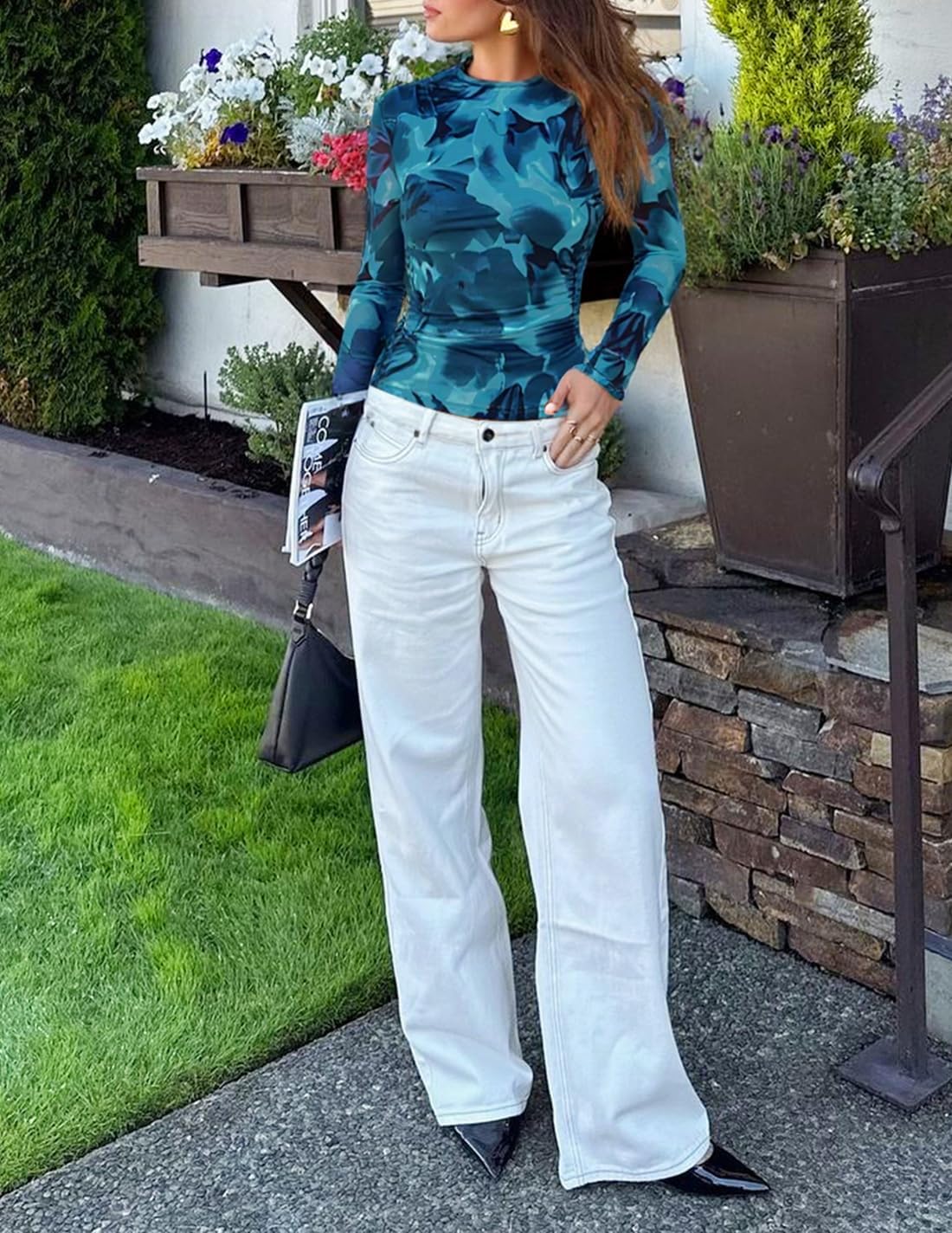 ZESICA Floral Long Sleeve Tops for Women Spring Mesh Mock Neck Ruched Fitted Shirts Going Out Blouses Trendy Clothes - Image 6