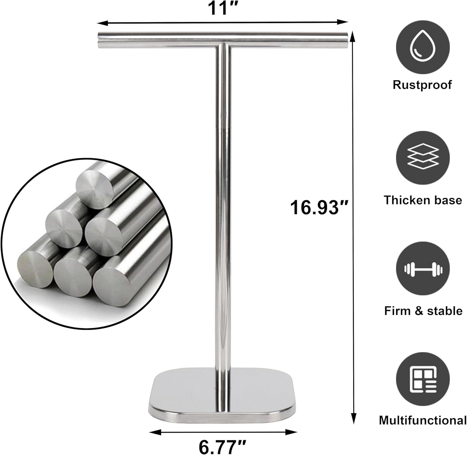 TocTen Hand Towel Holder Stand, T-Shape Hand Towel Rack for Bathroom Vanity Countertop, SUS 304 Stainless Steel Bath Towel Bar Stand with Heavy Duty Base (Polish Chrome)