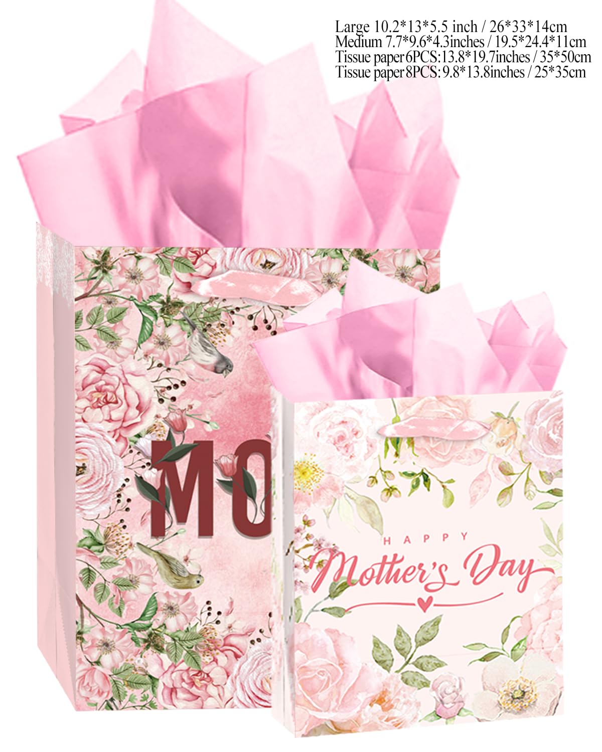 qiqee Pink Assorted Mother's Day Paper Bags with Tissue Paper 6PCS Cardboard Gift Bags for Women Mom Grandma Party Supply (4 PCS Medium Size+2 PCS Large Size+ Tissue Paper)