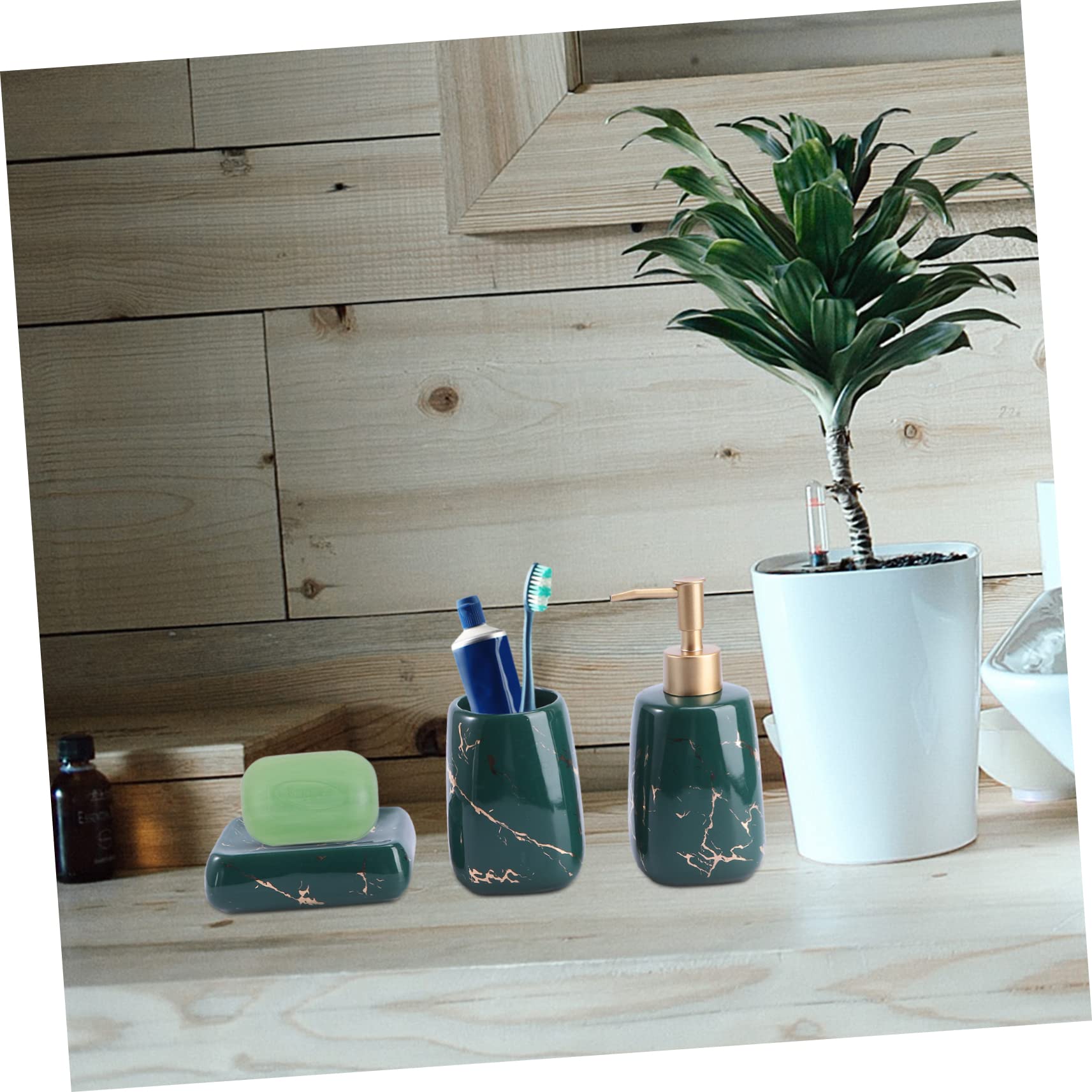 Holibanna Conjunto de Accesorios para Baño de Cerámica Verde de 3 Piezas Bandeja de Jabón y Portacepillos Fácil de Limpiar para Mantener el Baño Ordenado
