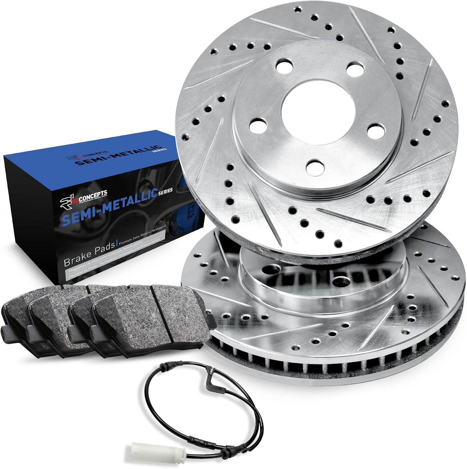 R1 Concepts Front Brake Kit For 2020 BMW 228i, 2016-2022 BMW X1, 2018-2022 BMW X2, 2017-2022 Mini Cooper| Drilled Slotted Brake Rotors| Semi-Metallic Brake Pads and Rotors Kit| Sensor included
