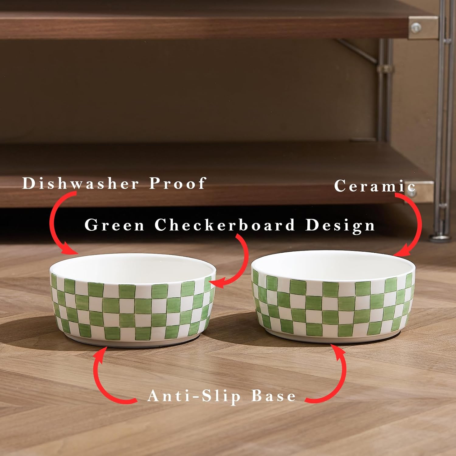 6.4 inch Ceramic Hand Painted Basic Dog Bowl Set of 2 with Anti-Skid Rubber Base, Food and Water Bowls for Small Pets Green