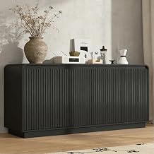 59" Black Sideboard Buffet Cabinet,Fluted Buffet Cabinet with Power Outlet and Adjustable 3-Tier Particle Board,Modern Sideboard Cabinets,Wood Storage Cabinets for Living Room