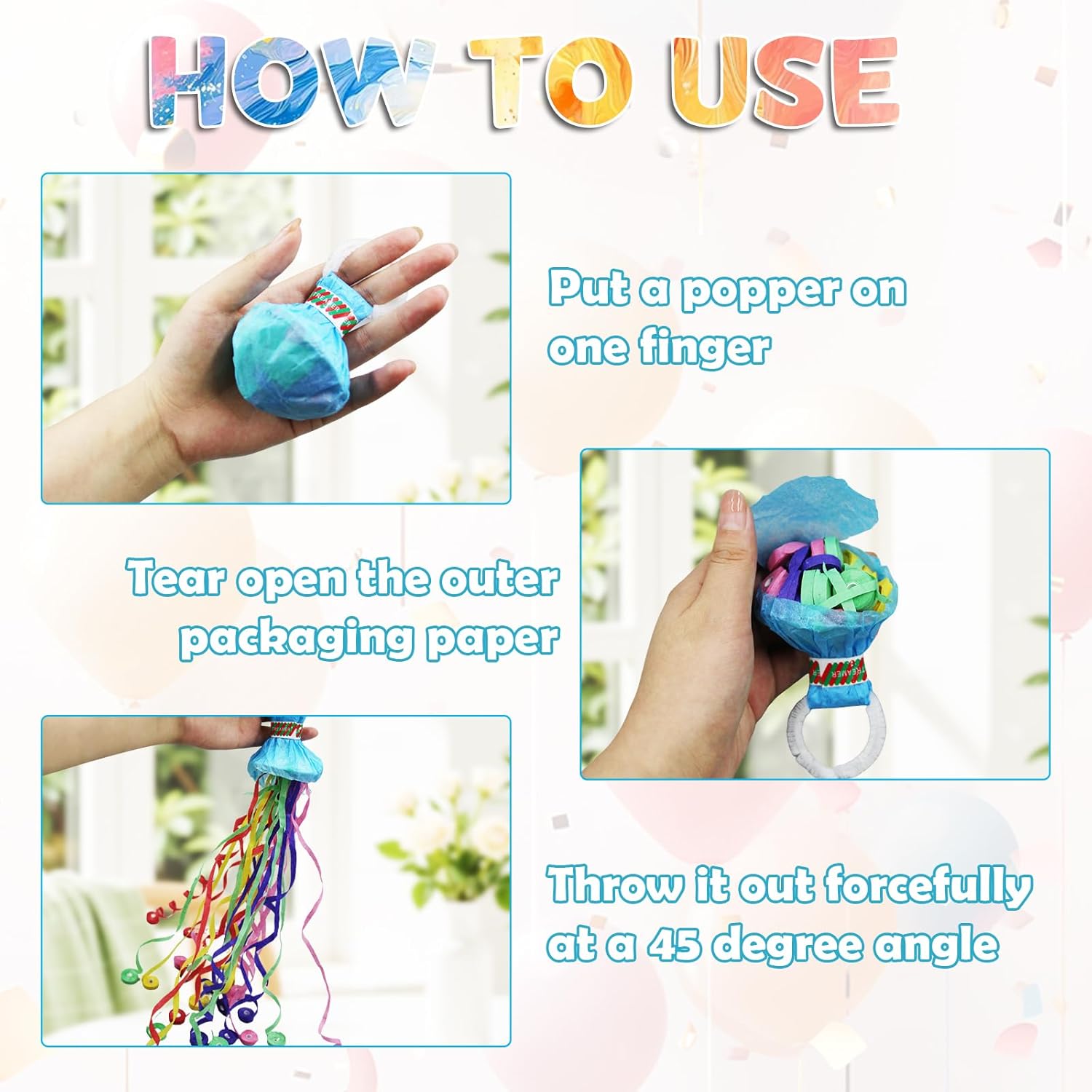 50Pcs Colorful Streamers Poppers Hand Throw Confetti Popper No Mess Party Poppers Paper Crackers for Christmas New Year Birthday Wedding Graduation Engagement Retirement Celebrations