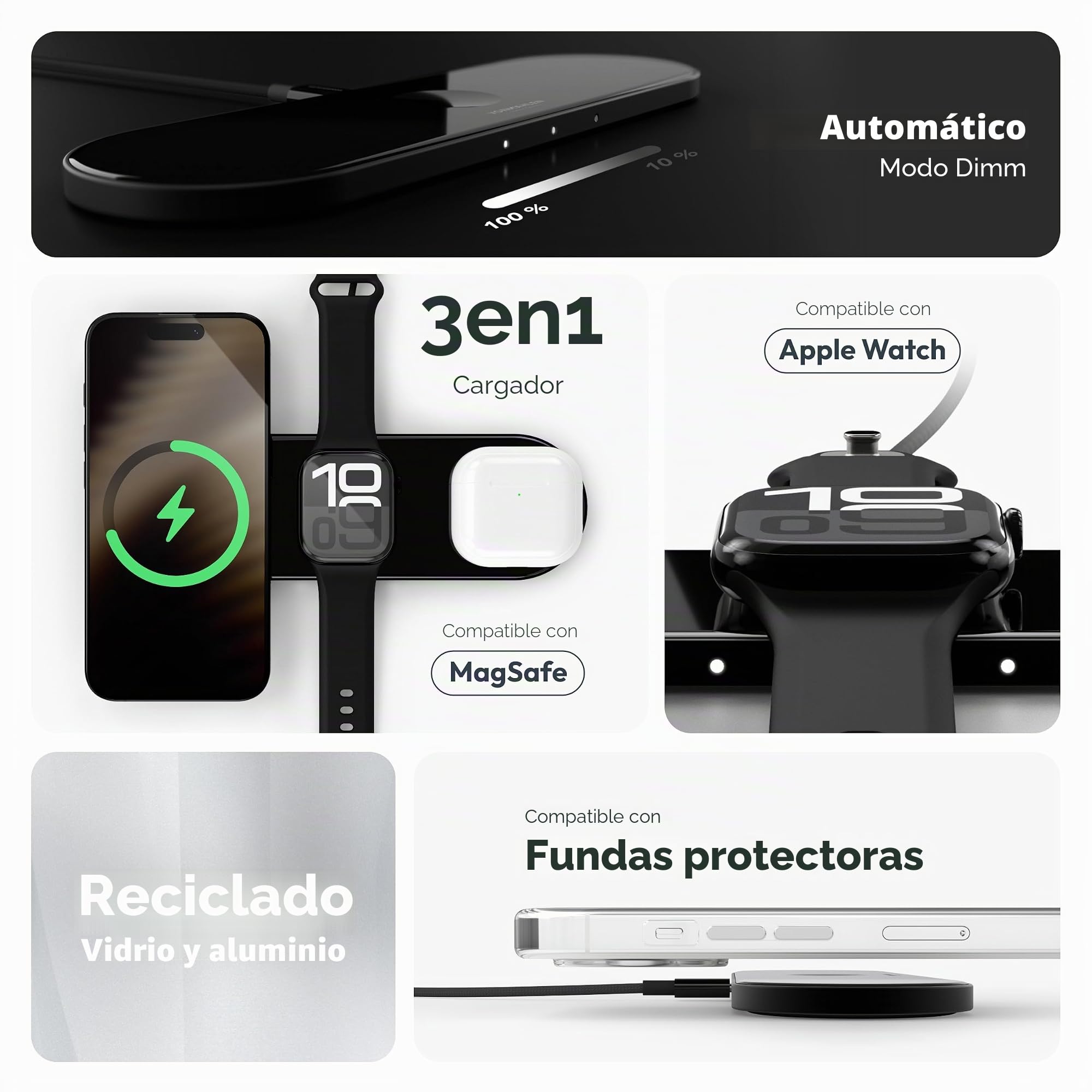 Vonmählen Aura Home - estación de Carga inalámbrica 3 en 1, Compatible con MagSafe, Carga rápida de hasta 15 W, diseño Elegante y Moderno - Negro