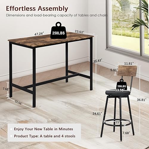 Miniatura 7 de Tatub Juego de 4 sillas y mesa de bar, 5 piezas, altura de mostrador, juego de 4 sillas de mesa de desayuno para comedor, color marrón