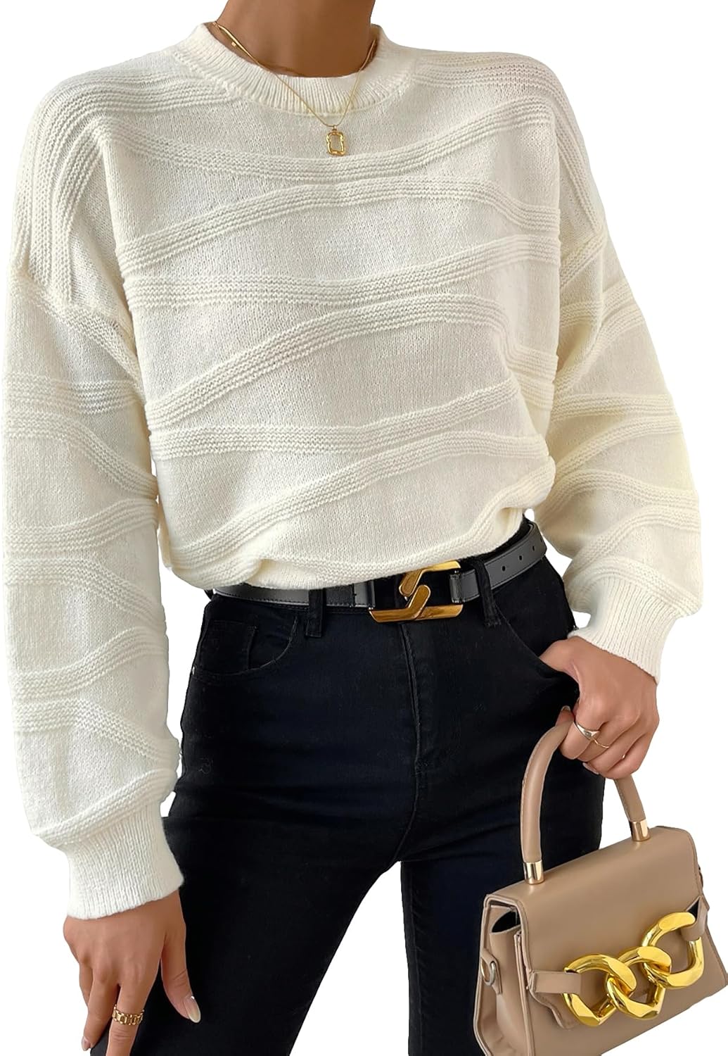 Verdusa Women's Textured Knit Pullover Sweaters Crew Neck Long Sleeve Fall Clothes