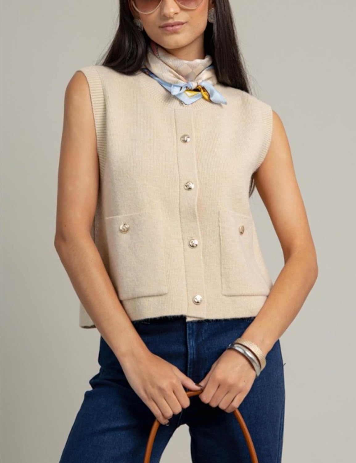 Wanzetaly Women's Sleeveless Sweater Vest Crewneck Button Down Cardigan Vests Knitted Tank Tops with pockets - Image 2