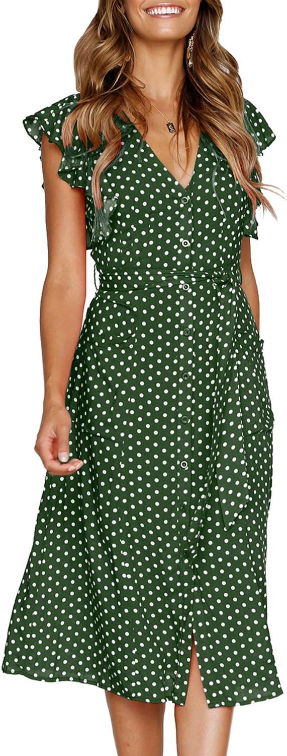 MITILLY Women's Boho Polka Dot Flutter Short Sleeve V Neck Button Down Swing Midi Dress with Pockets, 05 Green, Medium