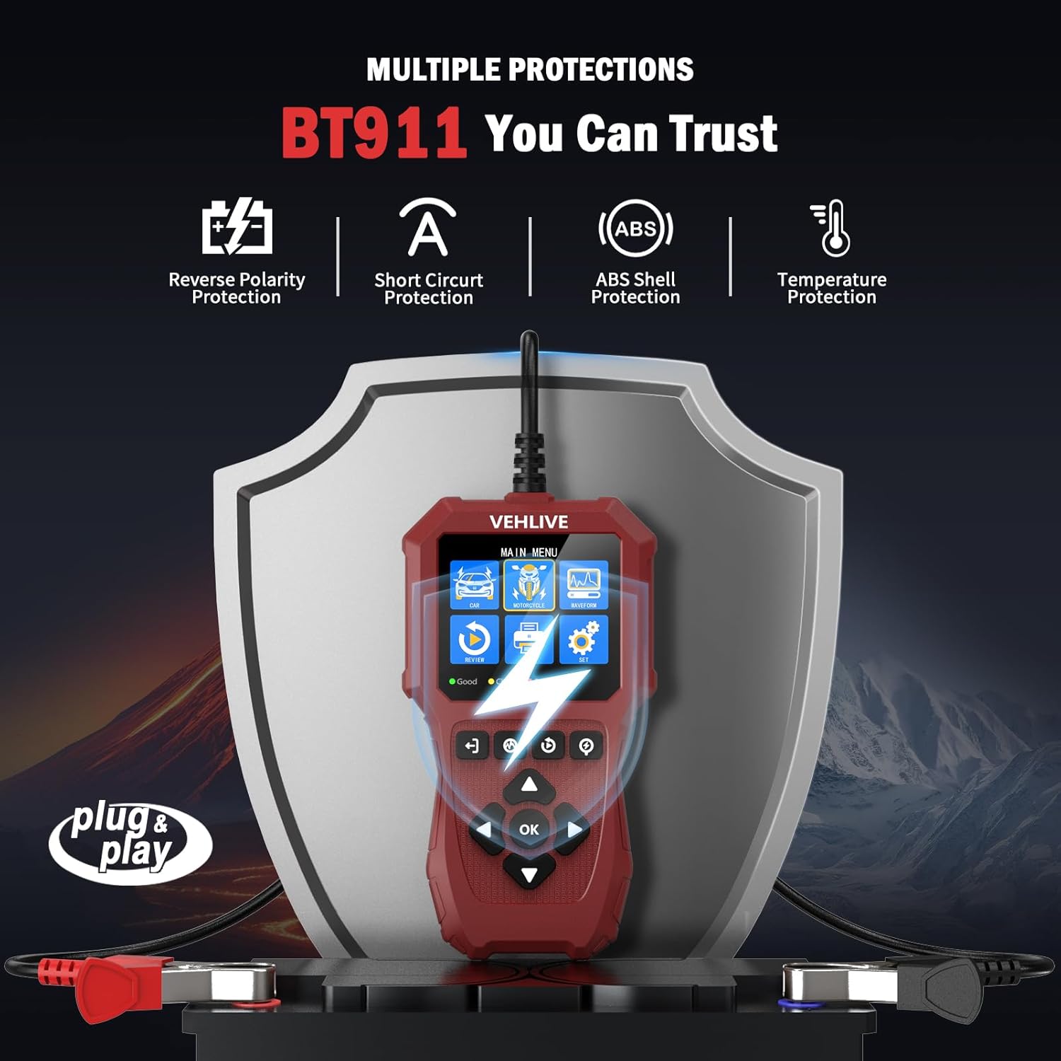 VEHLIVE BT911 Car Battery Tester with icons representing multiple protection features