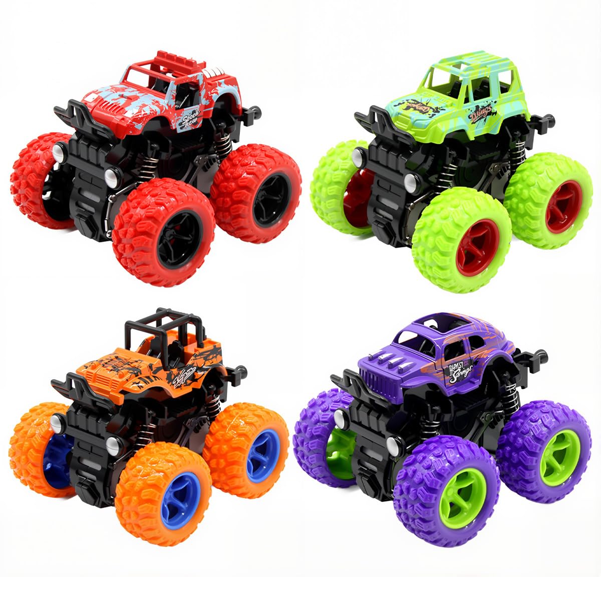 FOPSDGN Monster Truck toys 4 Pack Monster Inertia Truck Pull Back Trucks Inertia Toy Cars 360° Rotation Friction Powered Cars Off-road Vehicles Birthday Gifts for 3-6 year old Kids Boys Girls
