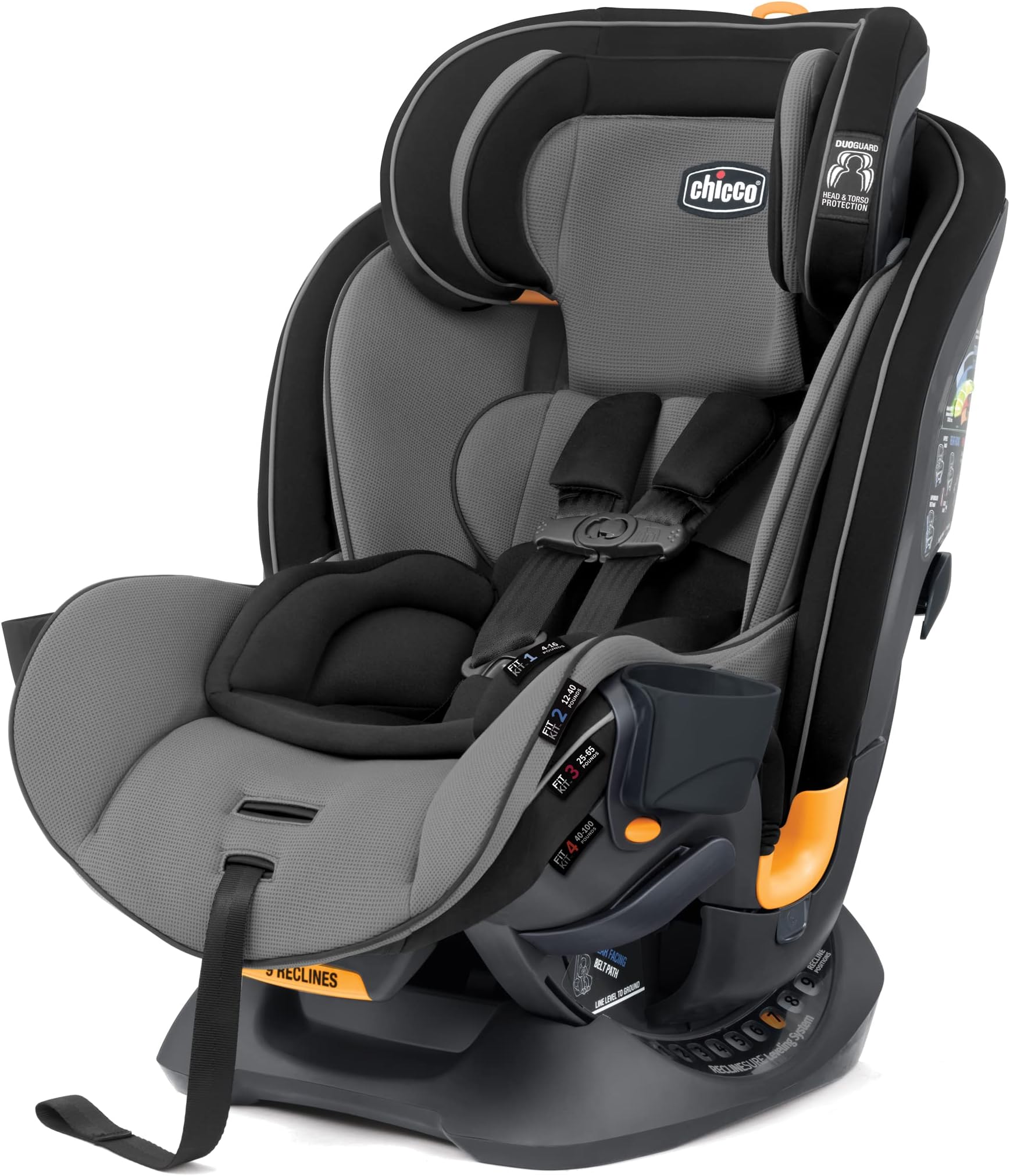 Chicco Fit4 4-in-1 Convertible Car Seat, Rear-Facing Seat for Infants 4-40 lbs., Forward-Facing Car Seat 25-65 lbs., Booster 40-100 lbs. | Onyx/Black/Grey