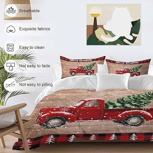 Miniatura 4 de Juego de fundas de edredón de Navidad tamaño Queen, camión rojo con carga de árbol de Navidad en la tabla de madera, juego de funda de edredón de 4