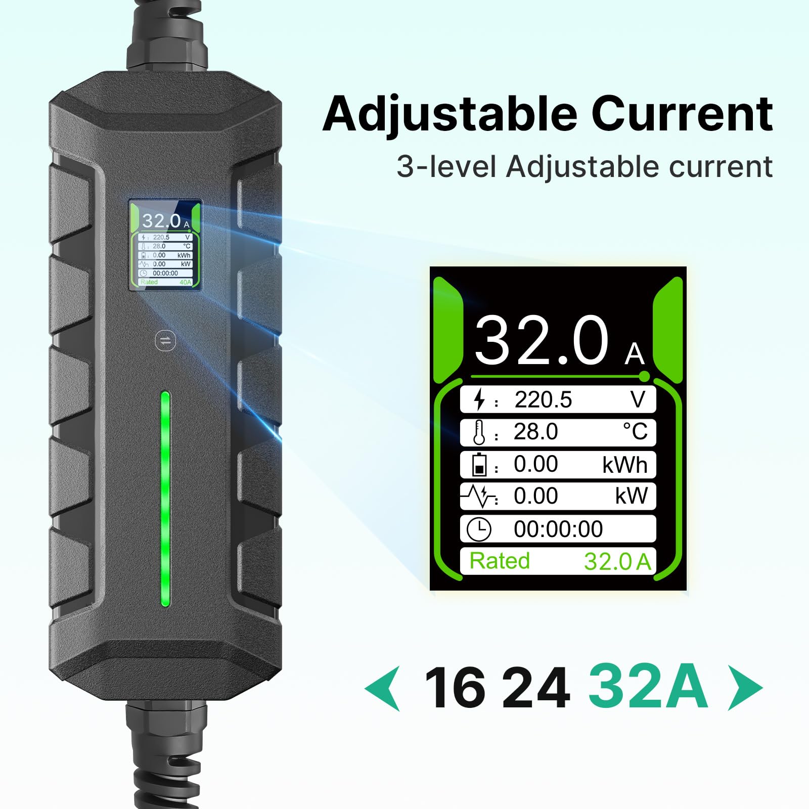 1-fazowa ładowarka EV typ 2, przenośna, 7,2 kW, z wtyczką CEE 32 A, 1-fazowa ładowarka EV z kablem do ładowania 6 m, wodoszczelna IP66, przenośna stacja ładująca do EV PHEV przenośnych toreb