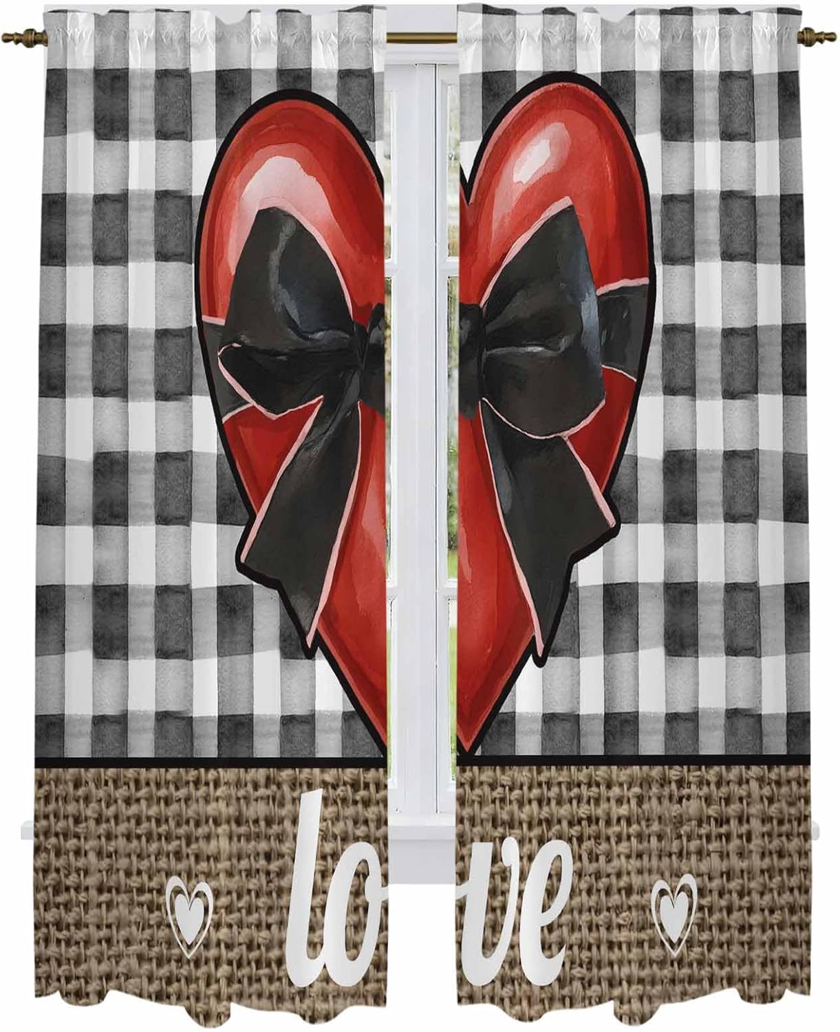Valentine's Day Kitchen Curtains, Bow on Red Heart Love Black White Plaid Linen Light Filtering Window Curtain, 2Pcs Rod Pocket Window Treatments Set for Living Room Bathroom Bedroom 52x72 Inches