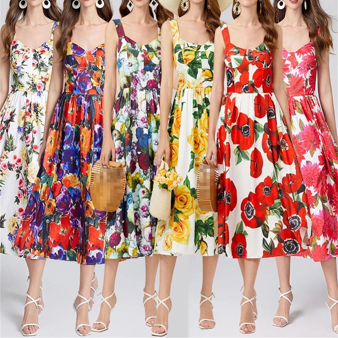 LNNSHX Mujer Verano Estampado Floral Vacaciones Midi Vestido Largo Correas Elástico Sin Espalda