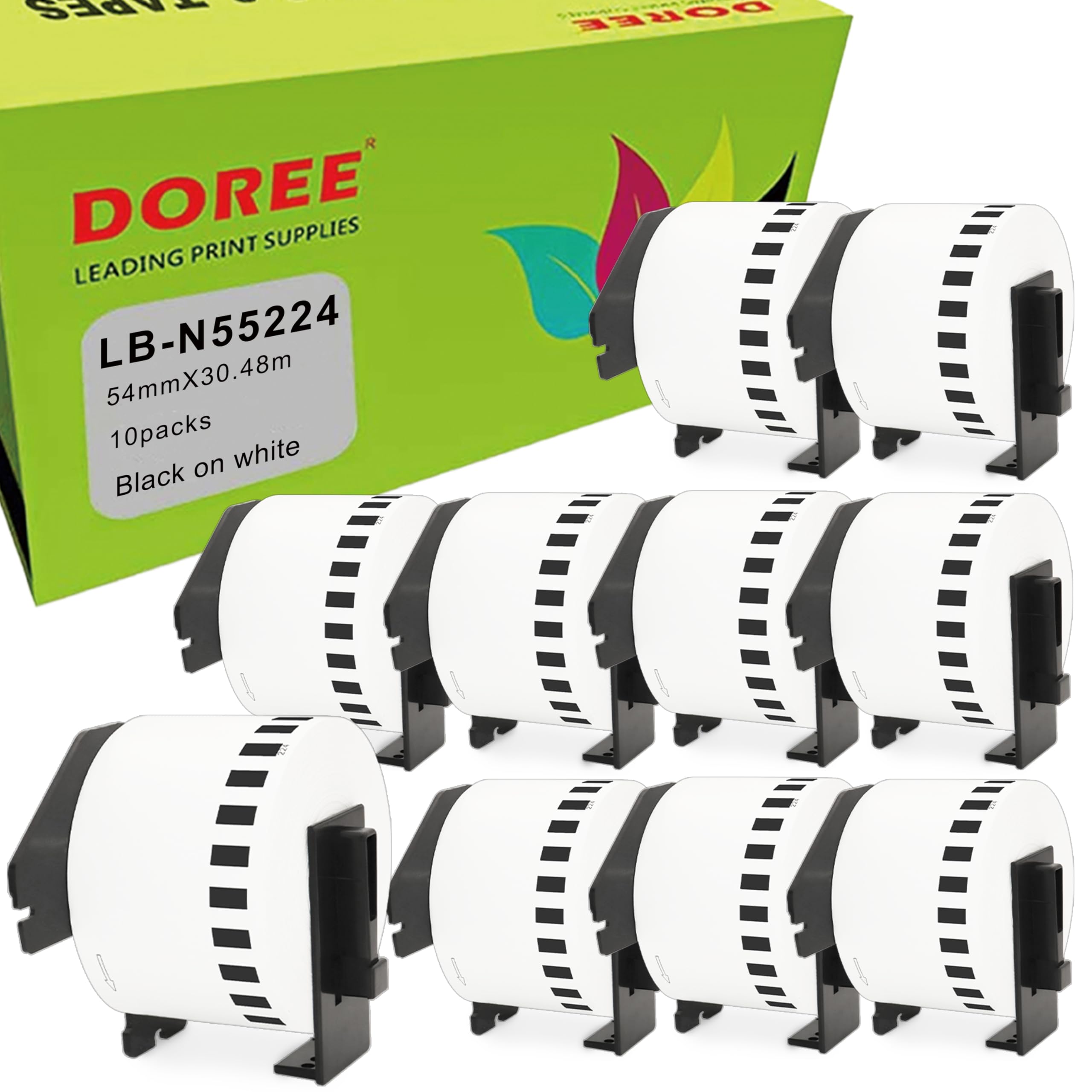 DOREE 10 cintas de etiquetas continuas N55224 54 mm × 30,48 m blanco con negro compatible con Brother QL-500