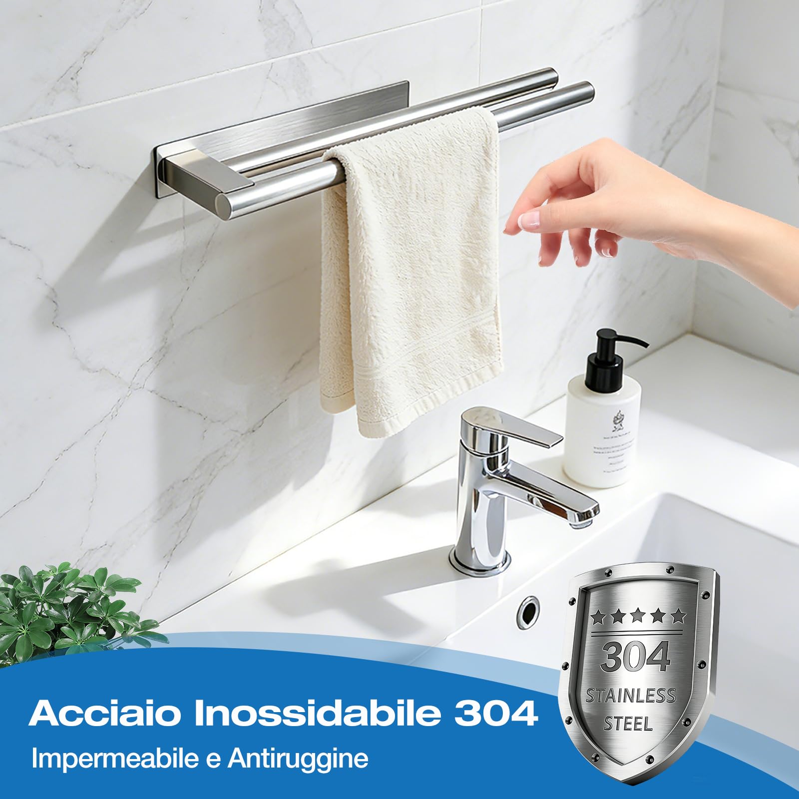 Portasciugamani Senza Foratura, in Acciaio Inox SUS304 Autoadesivo (39 cm), Barra Portasciugamani da Bagno a 2 Bracci, Tenuta Extra-Forte, Porta Asciugamani Adesivo Antiruggine per Bagni