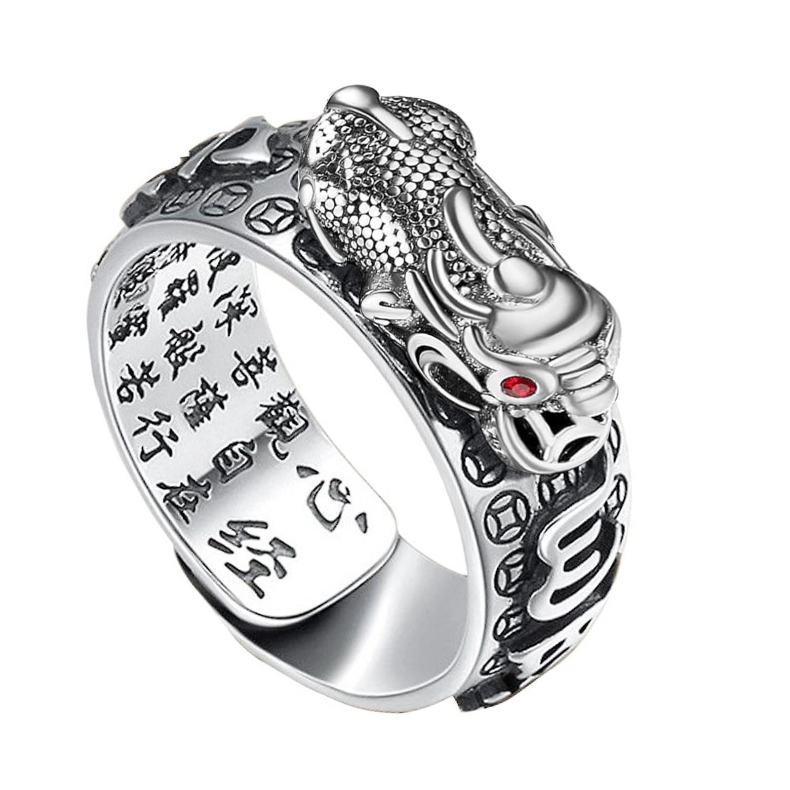 SLIVERBA Feng Shui Pixiu Mantra Anillo para Mujer Hombre, Anillo Feng Shui de Plata S990 Apertura Ajustable Mantra Amuleto Riqueza Felicidad Anillo Regalo, Budista Vintage Amuleto para Felicidad