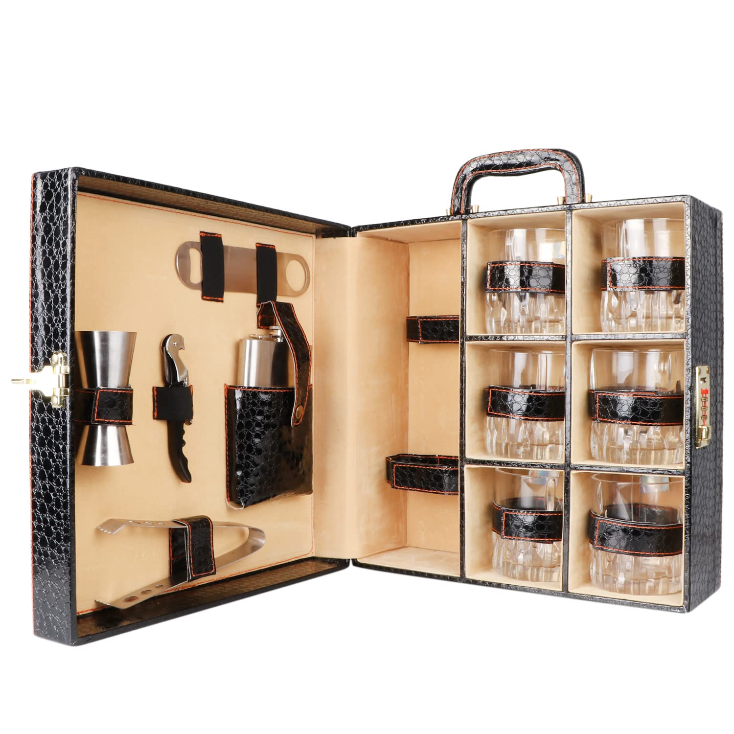 Borsi Faux Leathers 6 Glasses Black Bar Set |Premium with Bottle Opener| Handy Portable Leatherette Bar Set for car | Whiskey Glasses GPBLCS001-image-21