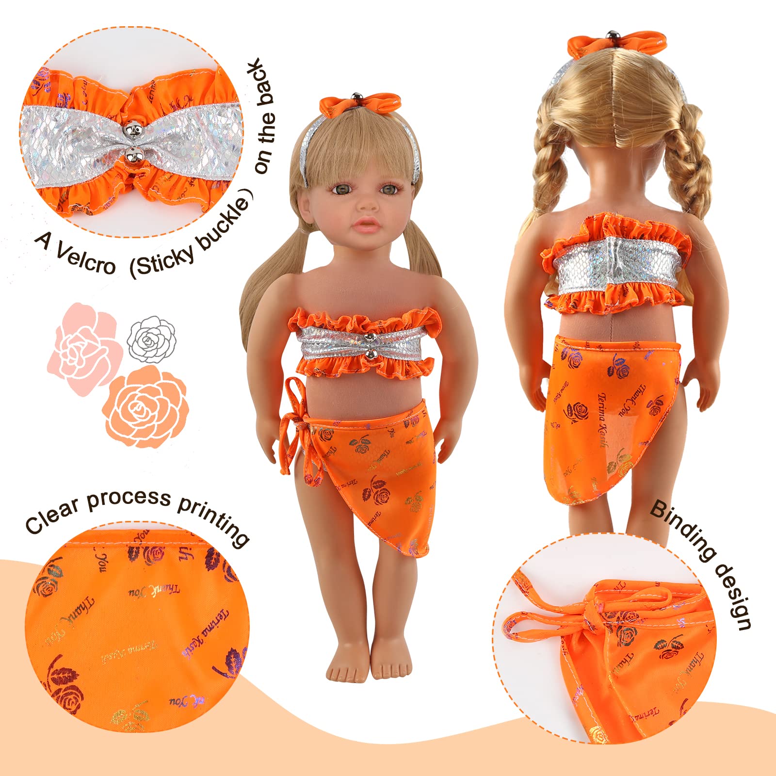 4 PCS Swimming Doll Clothes Set including Bikini Swimsuits, Doll Clothes and Accessories for 14-16 Inch Girl Dolls - Image 4