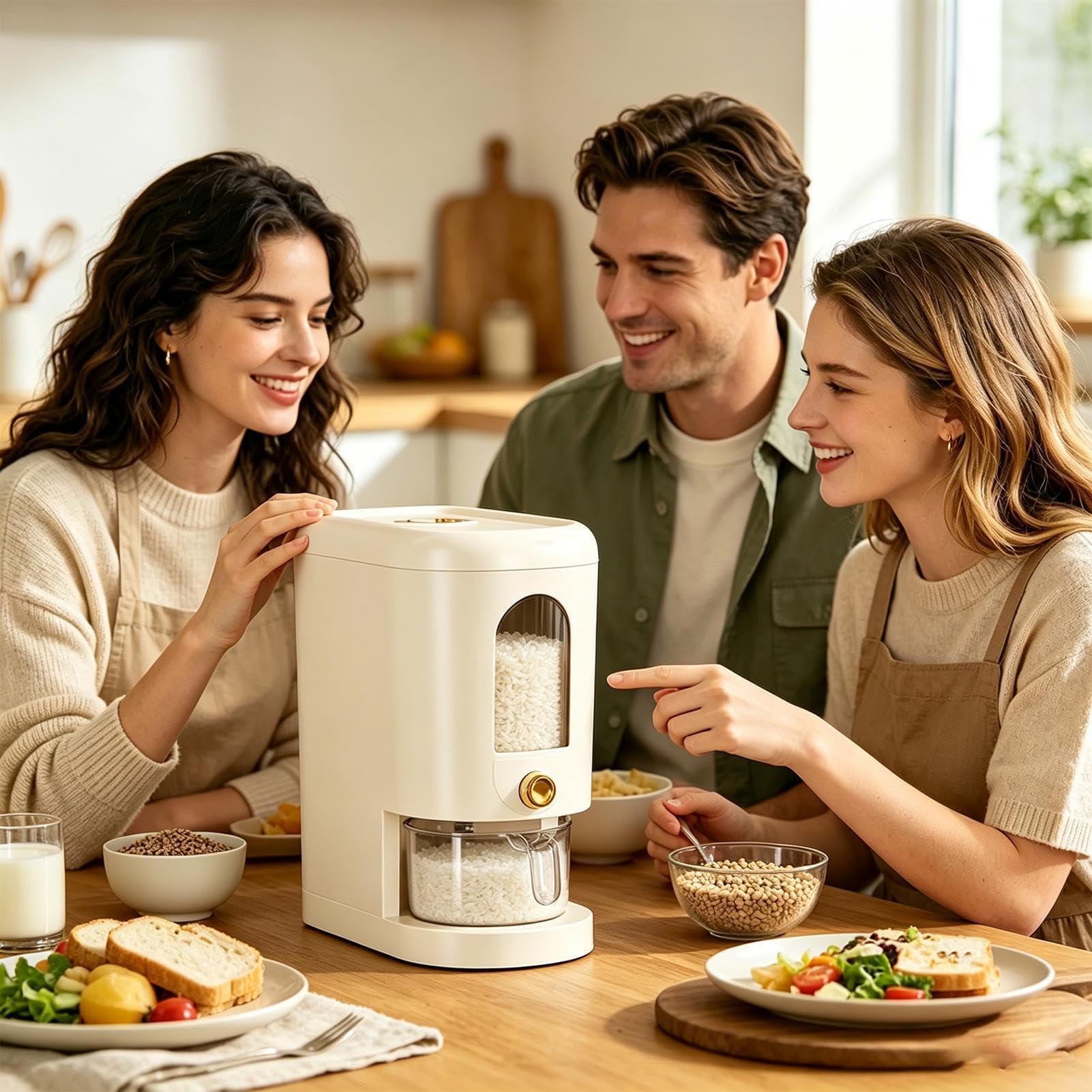 Dispenser di riso con coperchio e misurino, capacità 5 kg, porta riso automatico per piano di lavoro della cucina, dispensa, frigorifero, armadio