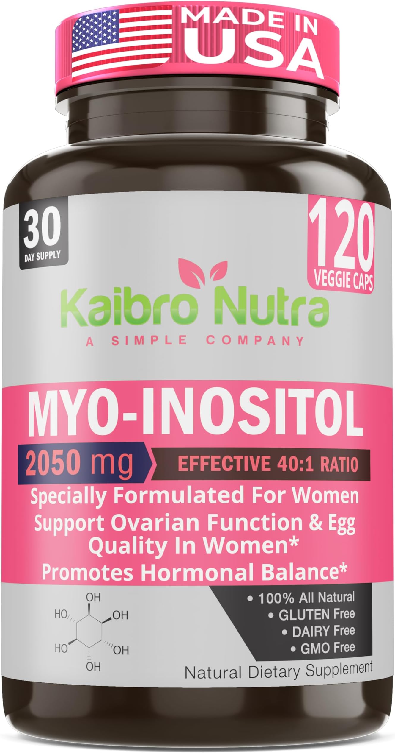 Kaibro Nutra Myo-Inositol Supplement, Myo-Inositol & D-Chiro Inositol 40:1 Ratio, Hormone Balance & Ovarian Support for Women with Vitamin B8, 2050mg, Vegan, Non-GMO Capsules 120 Count