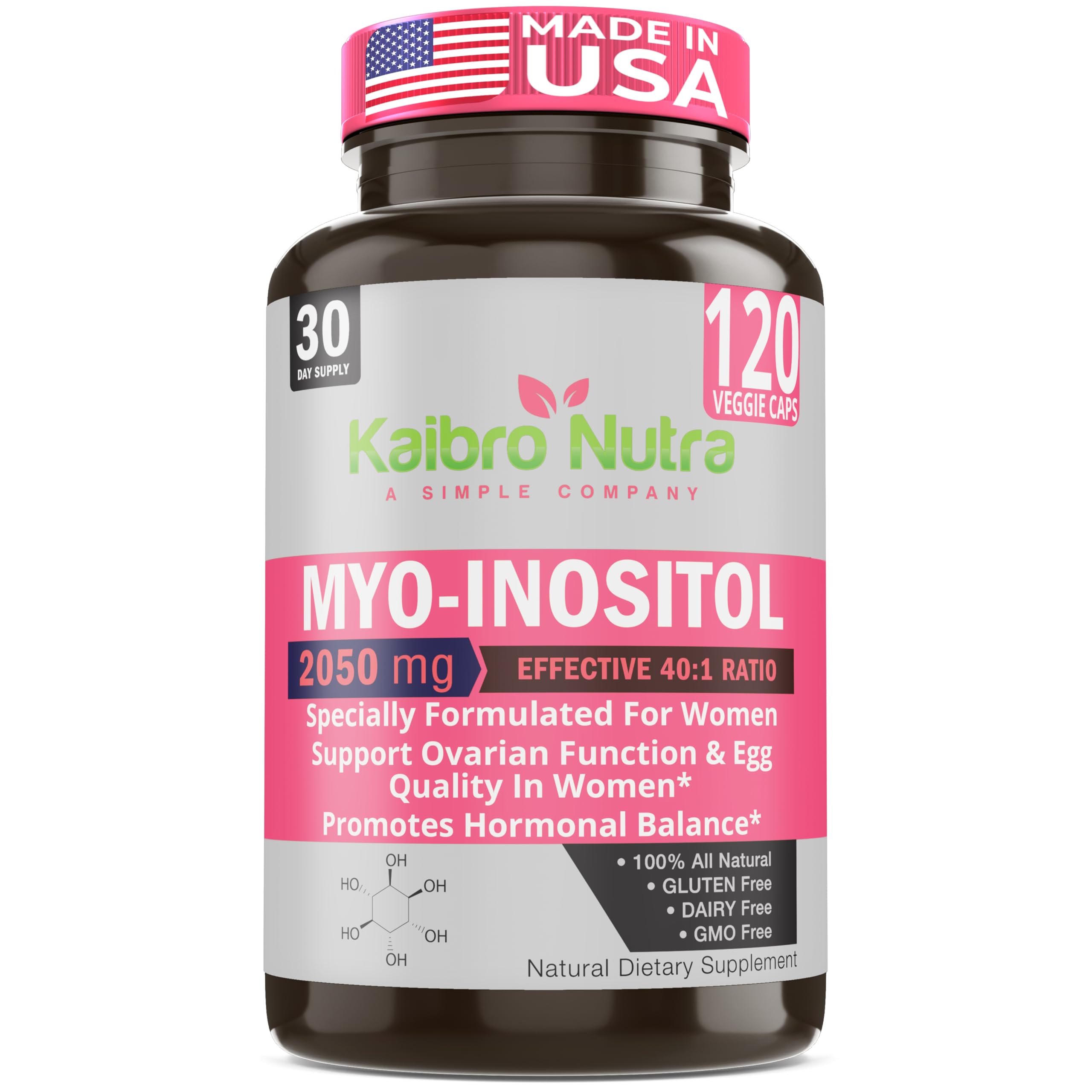 Kaibro Nutra Myo-Inositol Supplement, Myo-Inositol & D-Chiro Inositol 40:1 Ratio, Hormone Balance & Ovarian Support for Women with Vitamin B8, 2050mg, Vegan, Non-GMO Capsules 120 Count