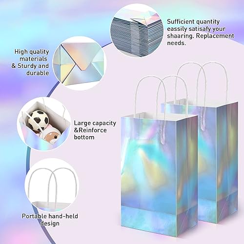 Miniatura 3 de Estune 60 bolsas de regalo iridiscentes con asa, holográficas, recuerdos de fiesta de 8.3 x 5 x 3.2 pulgadas, bolsa de papel de aluminio con