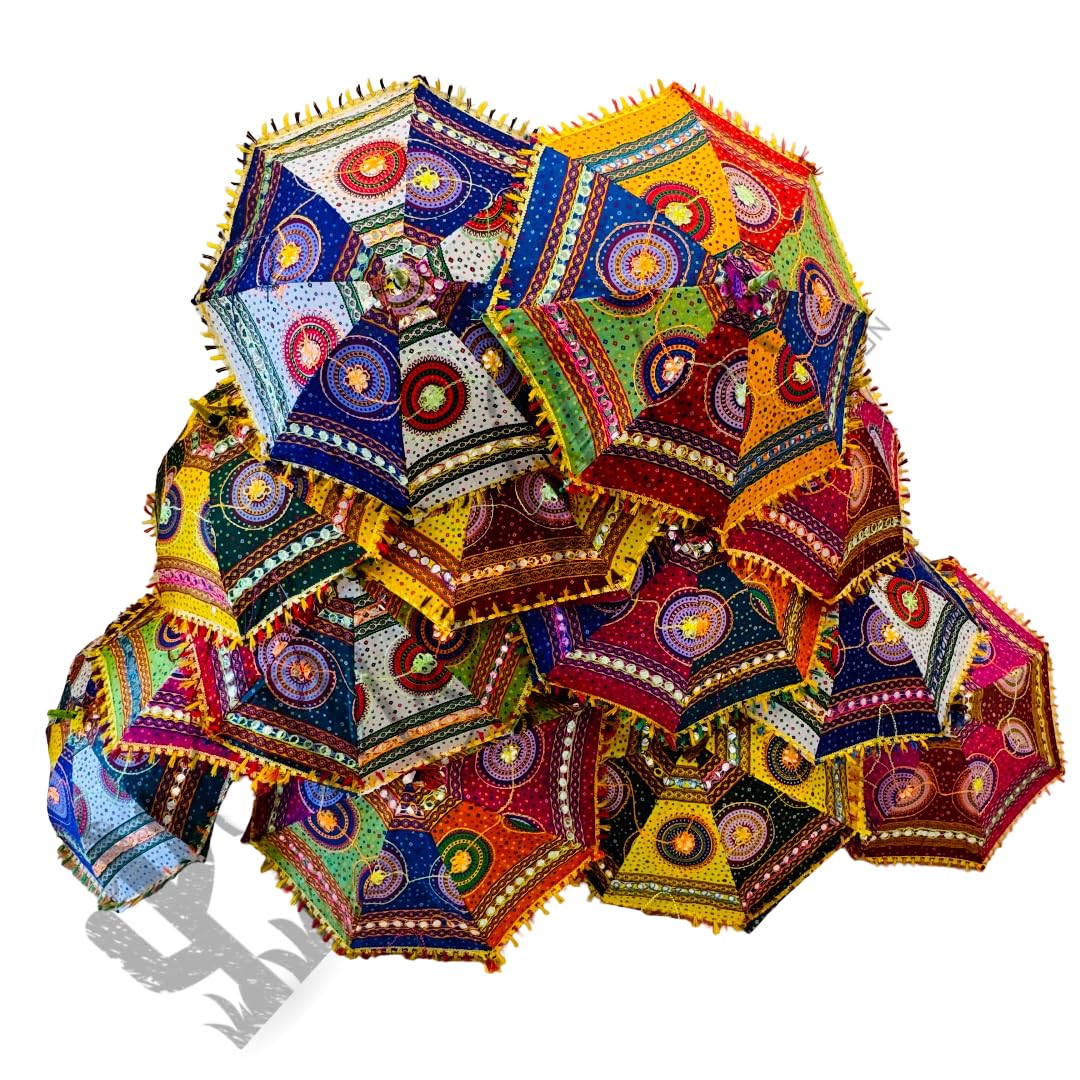 Marubhumi Indian Handmade Designer Cotton Fashion Multi Colored Umbrella Embroidery Boho Umbrellas Parasol (10 Pcs Lot)
