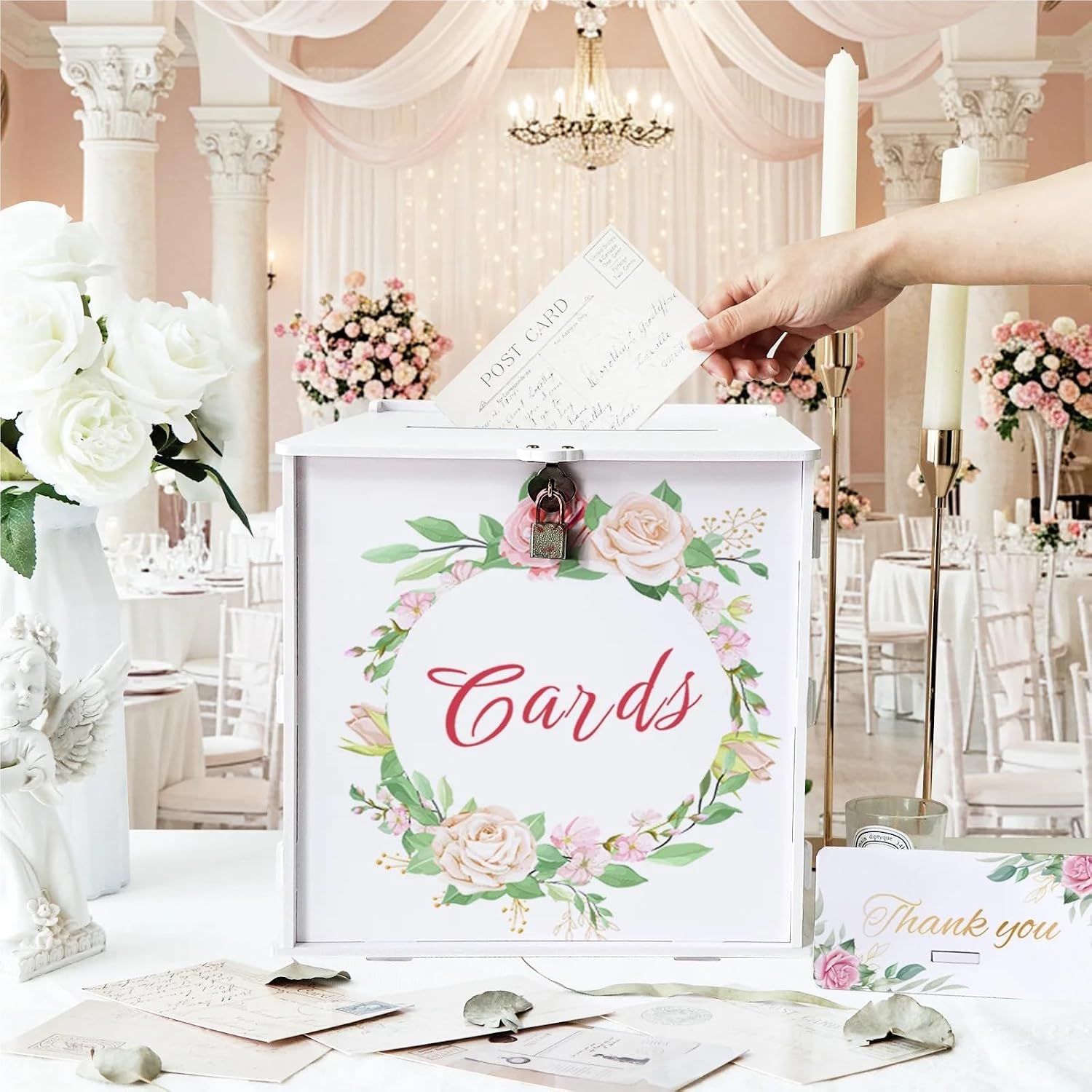 Card Box For Wedding Pink Rose Pattern Wedding Card Box With Lock,PVC Money Envelope For Graduation Party Decor(Color-01)