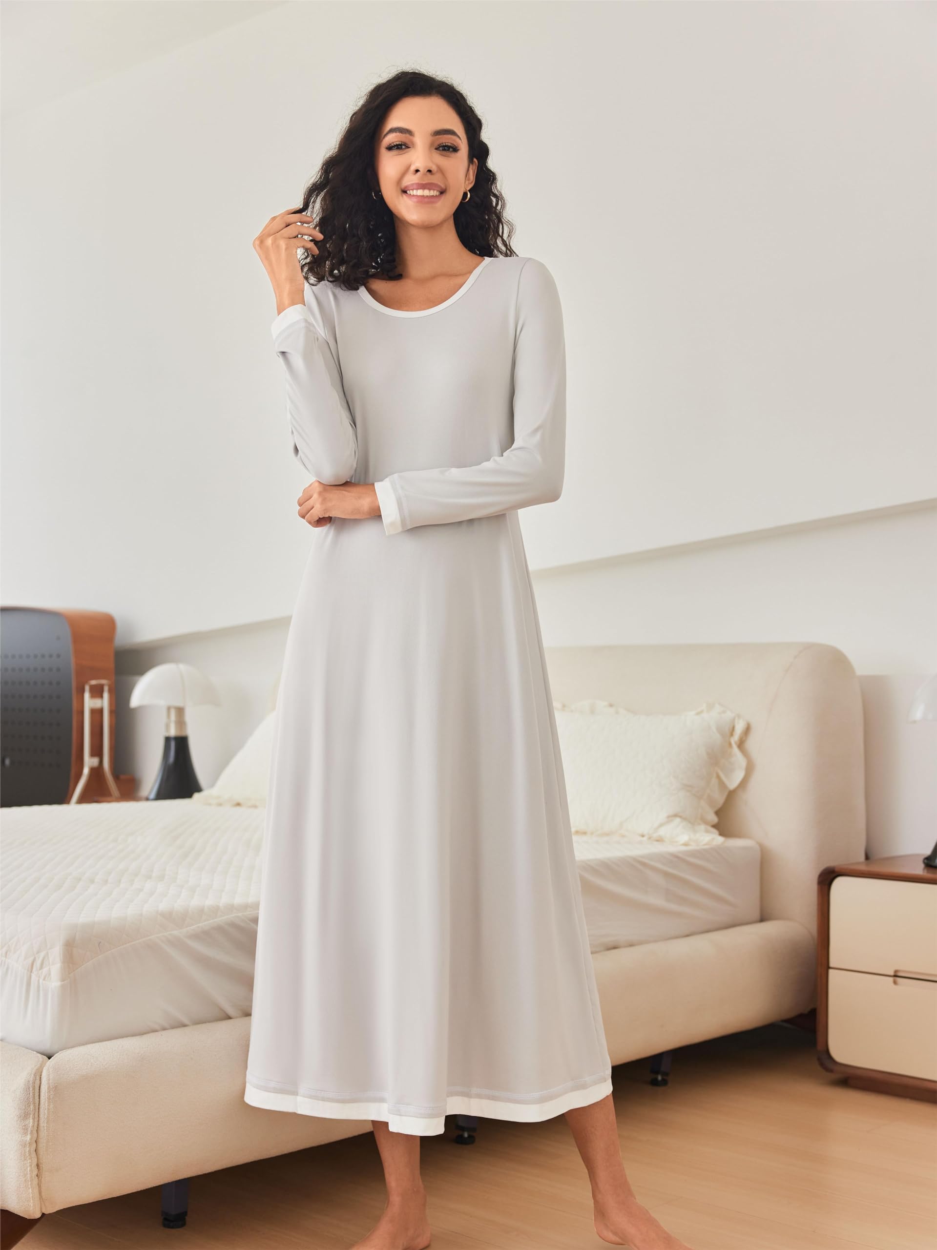 Ekouaer Camicia da Notte Donna Manica Lunga Girocollo Lungo da Notte Invernale Pigiama Comodo Ampio Sexy Camicie Tinta Unita Abbigliamentoda Casa S-XXL