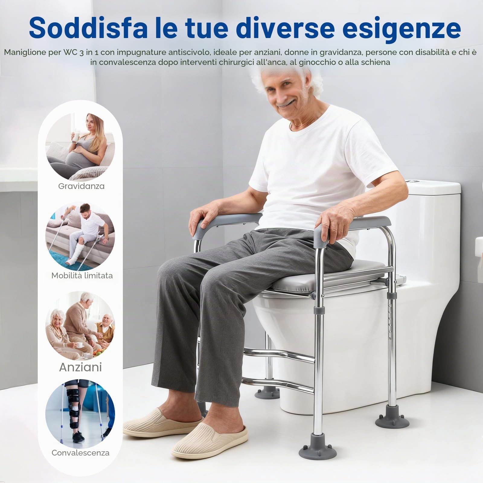 Rialzo WC per Anziani, Sedile del Water Rialzato con Braccioli e Seduta Imbottita Regolabile in Altezza 66-74 cm Comoda WC Alzata Water per Anziani, Disabili, Incinte, Ausilio da Bagno