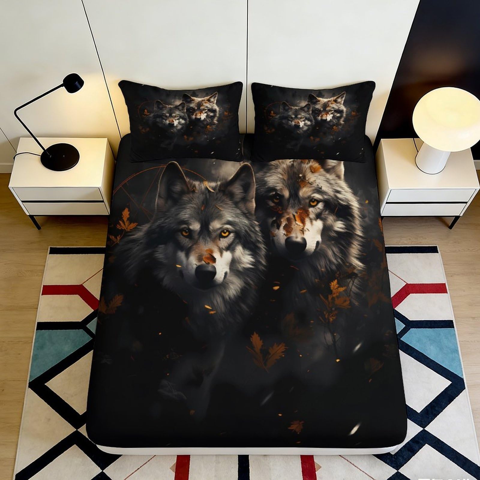 Pnayamiorkfel Style-5 3D Printed Wolf Forest Fitted Sheet Microfiber Soft Breathable Autumn Leaves Bed Cover For Bedroom Dorm Decor 90X200x25cm